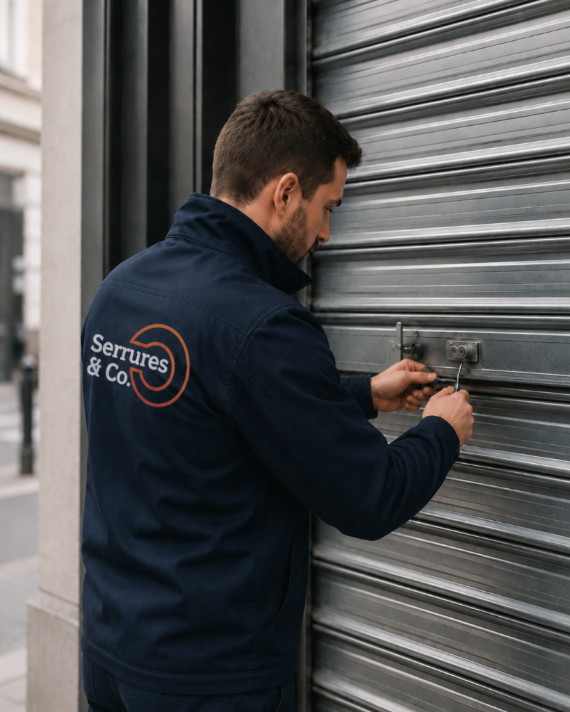 Technicien en action sur un rideau métallique